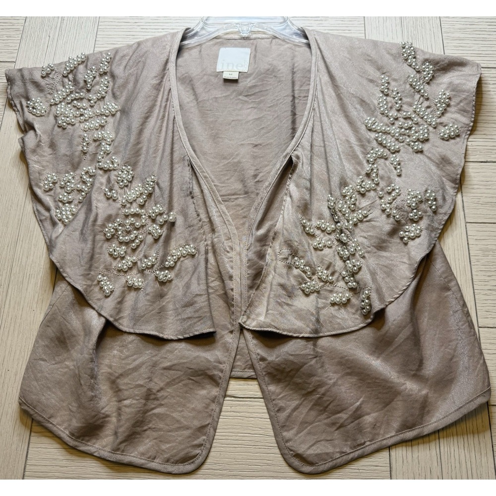 Line & Dot Revolve Pearl Beaded Tan Flutter Sleeve Blouse Vest Hook &Eye Close M